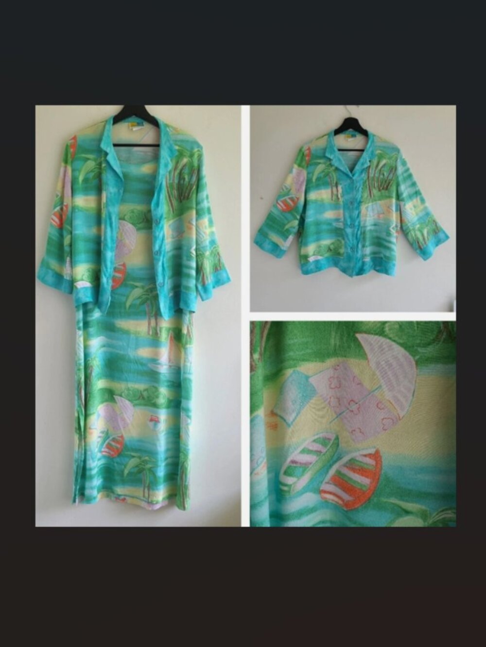 Vintage 90s Beach Midi Dress & Shirt Set Tag sz L Hawaiian Tropical Cruise